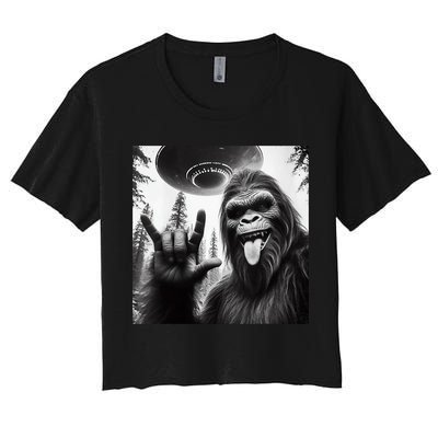 Funny Sasquatch Bigfoot Rock On Selfie With Ufo Alien Crop Top