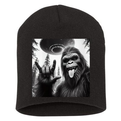 Funny Sasquatch Bigfoot Rock On Selfie With Ufo Alien Short Acrylic Beanie