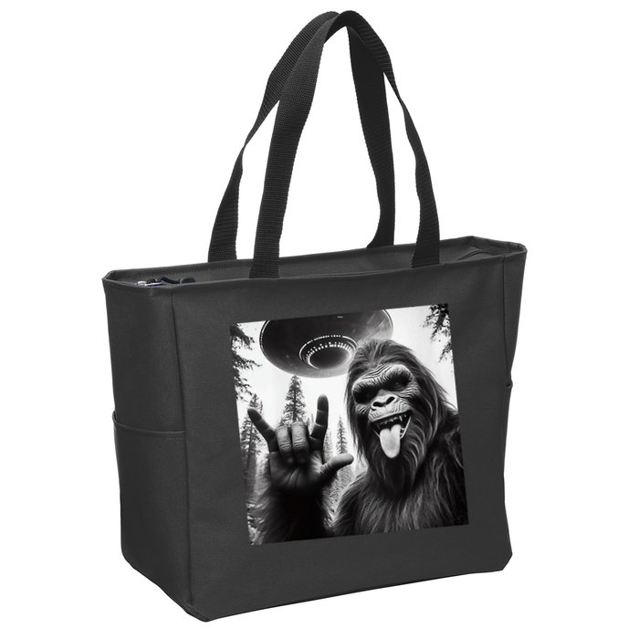 Funny Sasquatch Bigfoot Rock On Selfie With Ufo Alien Zip Tote Bag
