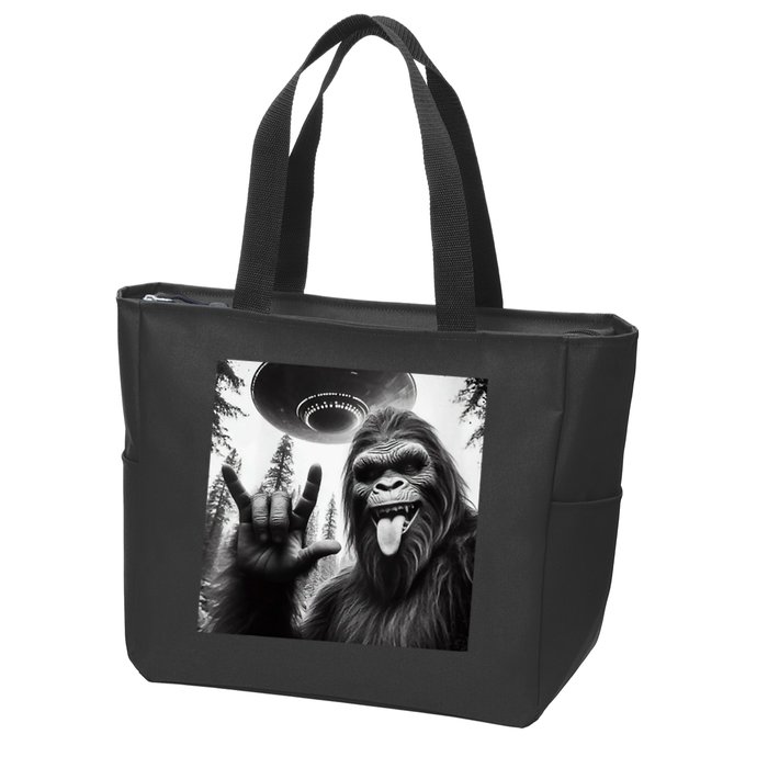 Funny Sasquatch Bigfoot Rock On Selfie With Ufo Alien Zip Tote Bag
