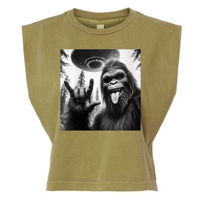 Funny Sasquatch Bigfoot Rock On Selfie With Ufo Alien Garment-Dyed Women's Muscle Tee