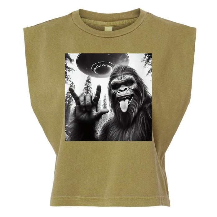 Funny Sasquatch Bigfoot Rock On Selfie With Ufo Alien Garment-Dyed Women's Muscle Tee