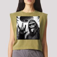Funny Sasquatch Bigfoot Rock On Selfie With Ufo Alien Garment-Dyed Women's Muscle Tee