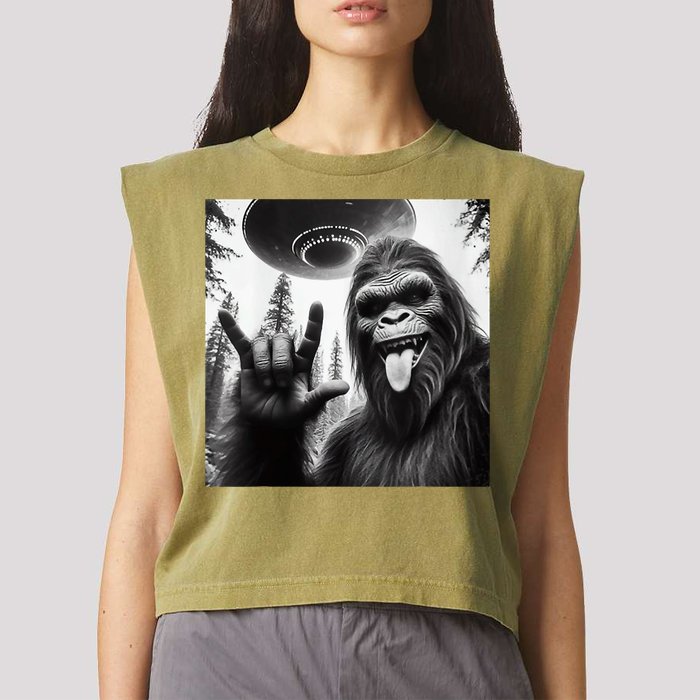 Funny Sasquatch Bigfoot Rock On Selfie With Ufo Alien Garment-Dyed Women's Muscle Tee