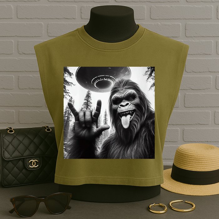 Funny Sasquatch Bigfoot Rock On Selfie With Ufo Alien Garment-Dyed Women's Muscle Tee