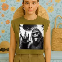 Funny Sasquatch Bigfoot Rock On Selfie With Ufo Alien Garment-Dyed Women's Muscle Tee