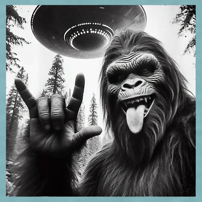 Funny Sasquatch Bigfoot Rock On Selfie With Ufo Alien Sueded Cloud Jersey T-Shirt