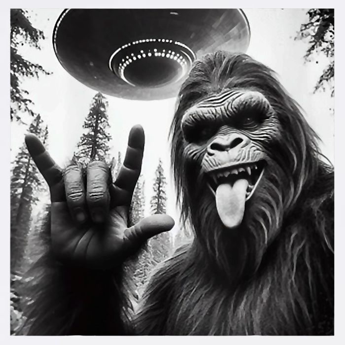 Funny Sasquatch Bigfoot Rock On Selfie With Ufo Alien Garment-Dyed Sweatshirt
