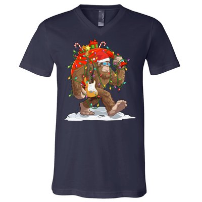 Funny Santa Bigfoot Christmas Lights Rock Sasquatch Believe V-Neck T-Shirt