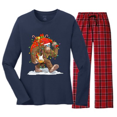 Funny Santa Bigfoot Christmas Lights Rock Sasquatch Believe Women's Long Sleeve Flannel Pajama Set 