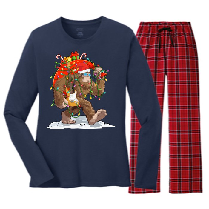 Funny Santa Bigfoot Christmas Lights Rock Sasquatch Believe Women's Long Sleeve Flannel Pajama Set 