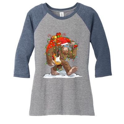 Funny Santa Bigfoot Christmas Lights Rock Sasquatch Believe Women's Tri-Blend 3/4-Sleeve Raglan Shirt