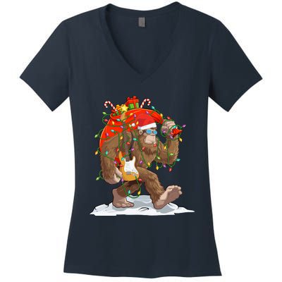 Funny Santa Bigfoot Christmas Lights Rock Sasquatch Believe Women's V-Neck T-Shirt