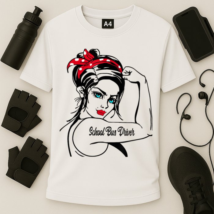 Female School Bus Driver Rosie The Riveter Pin Up Girl Cooling Performance Crew T-Shirt