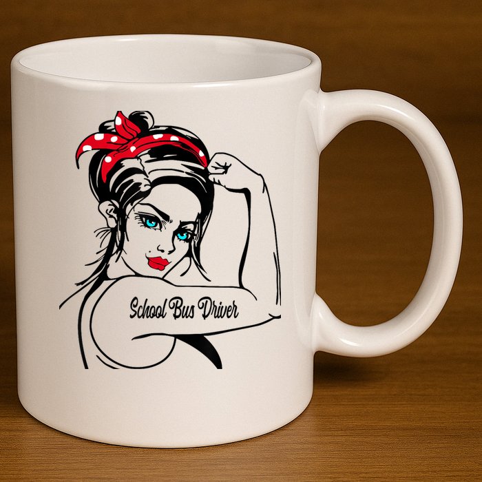 Female School Bus Driver Rosie The Riveter Pin Up Girl 11oz C Handle Ceramic Mug