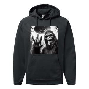 Funny Sasquatch Bigfoot Rock On Selfie With Ufo Alien Performance Fleece Hoodie