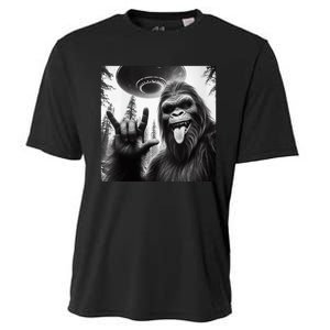 Funny Sasquatch Bigfoot Rock On Selfie With Ufo Alien Cooling Performance Crew T-Shirt