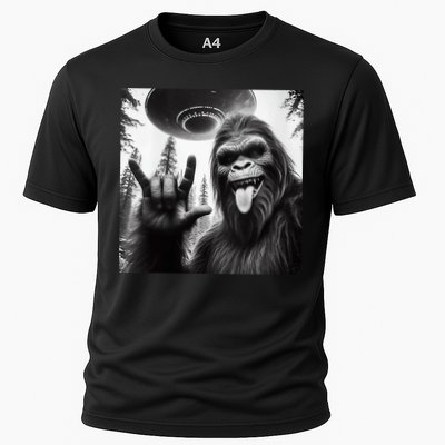 Funny Sasquatch Bigfoot Rock On Selfie With Ufo Alien Cooling Performance Crew T-Shirt