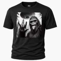 Funny Sasquatch Bigfoot Rock On Selfie With Ufo Alien Cooling Performance Crew T-Shirt