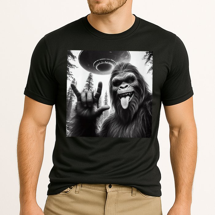 Funny Sasquatch Bigfoot Rock On Selfie With Ufo Alien Cooling Performance Crew T-Shirt