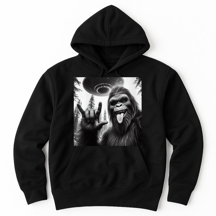 Funny Sasquatch Bigfoot Rock On Selfie With Ufo Alien Hoodie