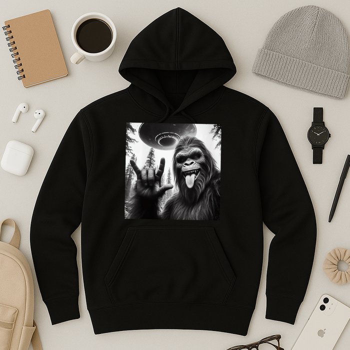 Funny Sasquatch Bigfoot Rock On Selfie With Ufo Alien Hoodie