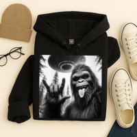 Funny Sasquatch Bigfoot Rock On Selfie With Ufo Alien Hoodie