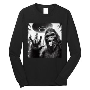 Funny Sasquatch Bigfoot Rock On Selfie With Ufo Alien Long Sleeve Shirt