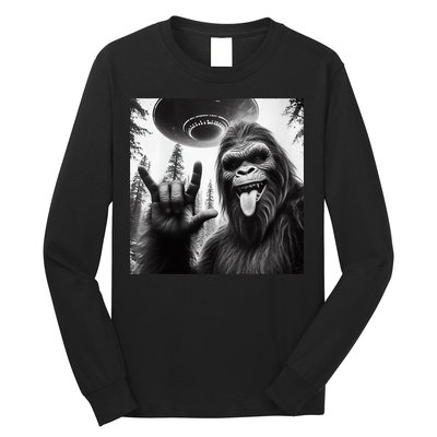 Funny Sasquatch Bigfoot Rock On Selfie With Ufo Alien Long Sleeve Shirt