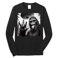 Funny Sasquatch Bigfoot Rock On Selfie With Ufo Alien Long Sleeve Shirt