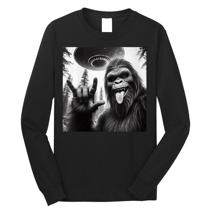 Funny Sasquatch Bigfoot Rock On Selfie With Ufo Alien Long Sleeve Shirt