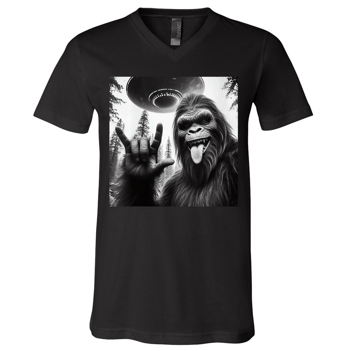 Funny Sasquatch Bigfoot Rock On Selfie With Ufo Alien V-Neck T-Shirt
