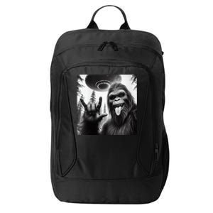 Funny Sasquatch Bigfoot Rock On Selfie With Ufo Alien City Backpack