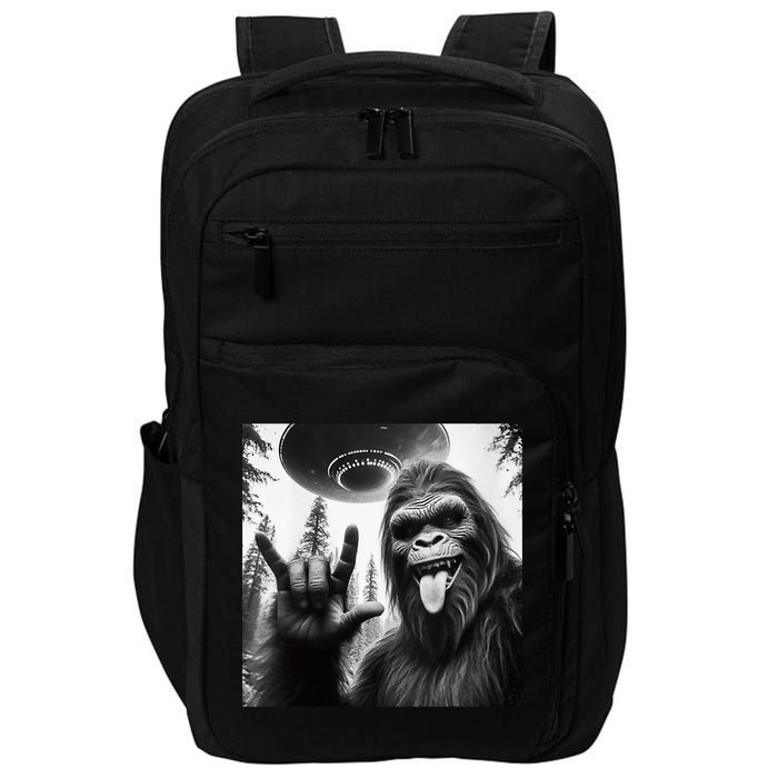 Funny Sasquatch Bigfoot Rock On Selfie With Ufo Alien Impact Tech Backpack
