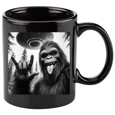 Funny Sasquatch Bigfoot Rock On Selfie With Ufo Alien 11oz C Handle Ceramic Mug