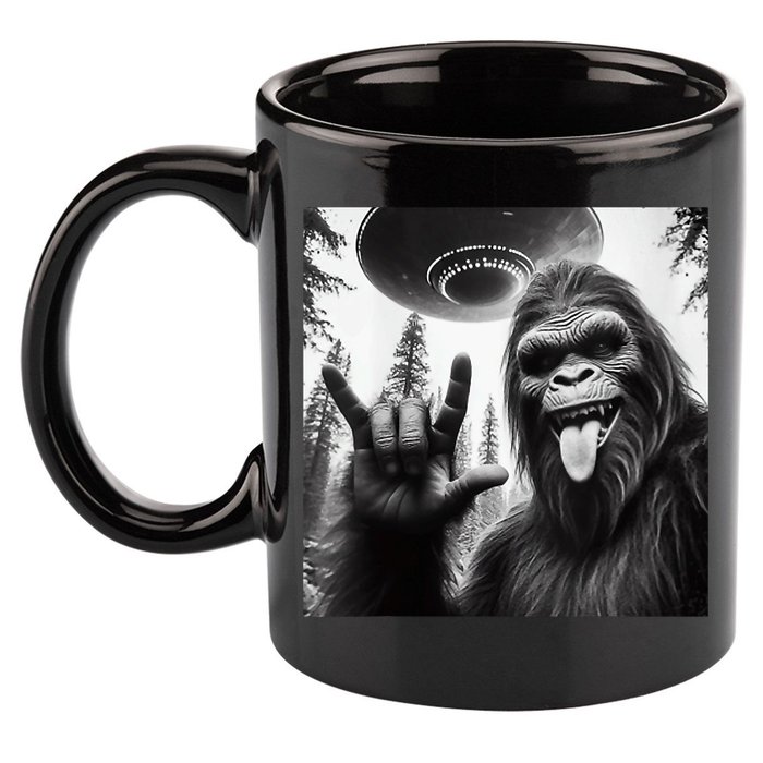 Funny Sasquatch Bigfoot Rock On Selfie With Ufo Alien 11oz C Handle Ceramic Mug