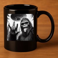 Funny Sasquatch Bigfoot Rock On Selfie With Ufo Alien 11oz C Handle Ceramic Mug