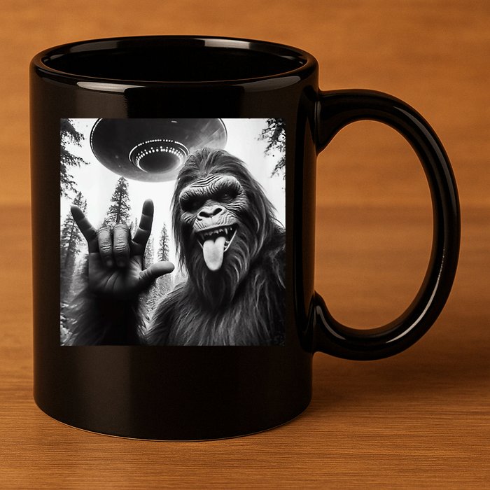 Funny Sasquatch Bigfoot Rock On Selfie With Ufo Alien 11oz C Handle Ceramic Mug