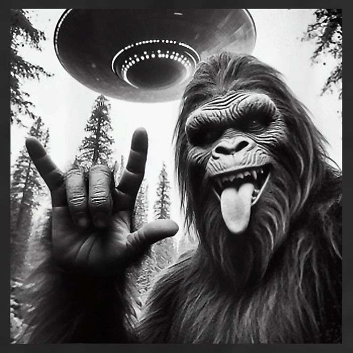 Funny Sasquatch Bigfoot Rock On Selfie With Ufo Alien Beanie