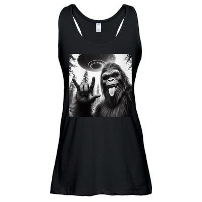 Funny Sasquatch Bigfoot Rock On Selfie With Ufo Alien Ladies Essential Flowy Tank