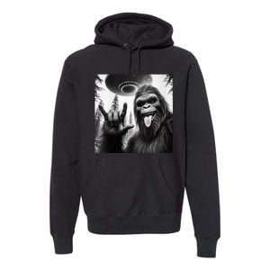 Funny Sasquatch Bigfoot Rock On Selfie With Ufo Alien Premium Hoodie