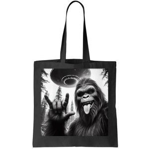 Funny Sasquatch Bigfoot Rock On Selfie With Ufo Alien Tote Bag