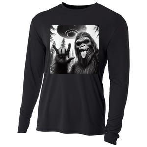 Funny Sasquatch Bigfoot Rock On Selfie With Ufo Alien Cooling Performance Long Sleeve Crew