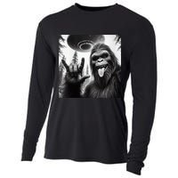 Funny Sasquatch Bigfoot Rock On Selfie With Ufo Alien Cooling Performance Long Sleeve Crew
