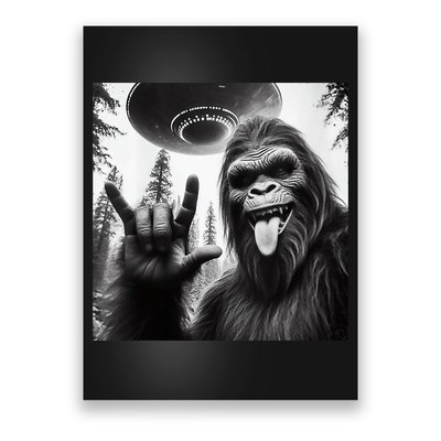 Funny Sasquatch Bigfoot Rock On Selfie With Ufo Alien Poster
