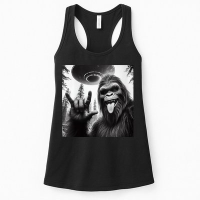 Funny Sasquatch Bigfoot Rock On Selfie With Ufo Alien Womens Tank Top