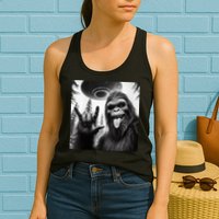 Funny Sasquatch Bigfoot Rock On Selfie With Ufo Alien Womens Tank Top
