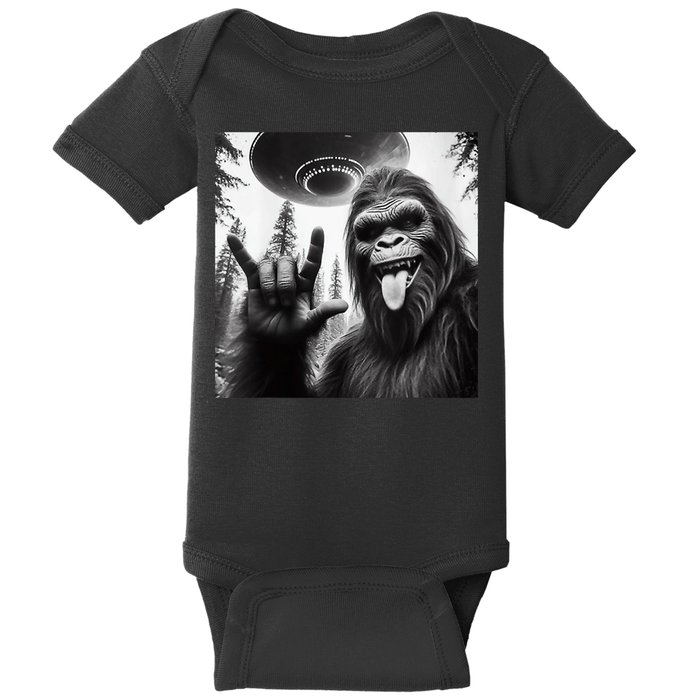 Funny Sasquatch Bigfoot Rock On Selfie With Ufo Alien Baby Bodysuit