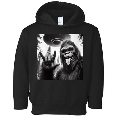 Funny Sasquatch Bigfoot Rock On Selfie With Ufo Alien Toddler Hoodie