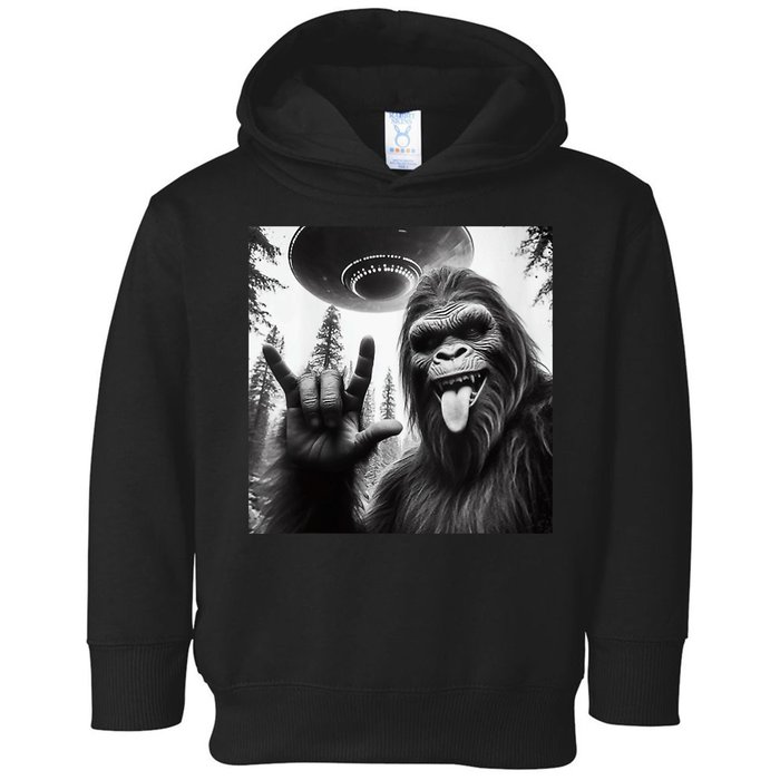 Funny Sasquatch Bigfoot Rock On Selfie With Ufo Alien Toddler Hoodie